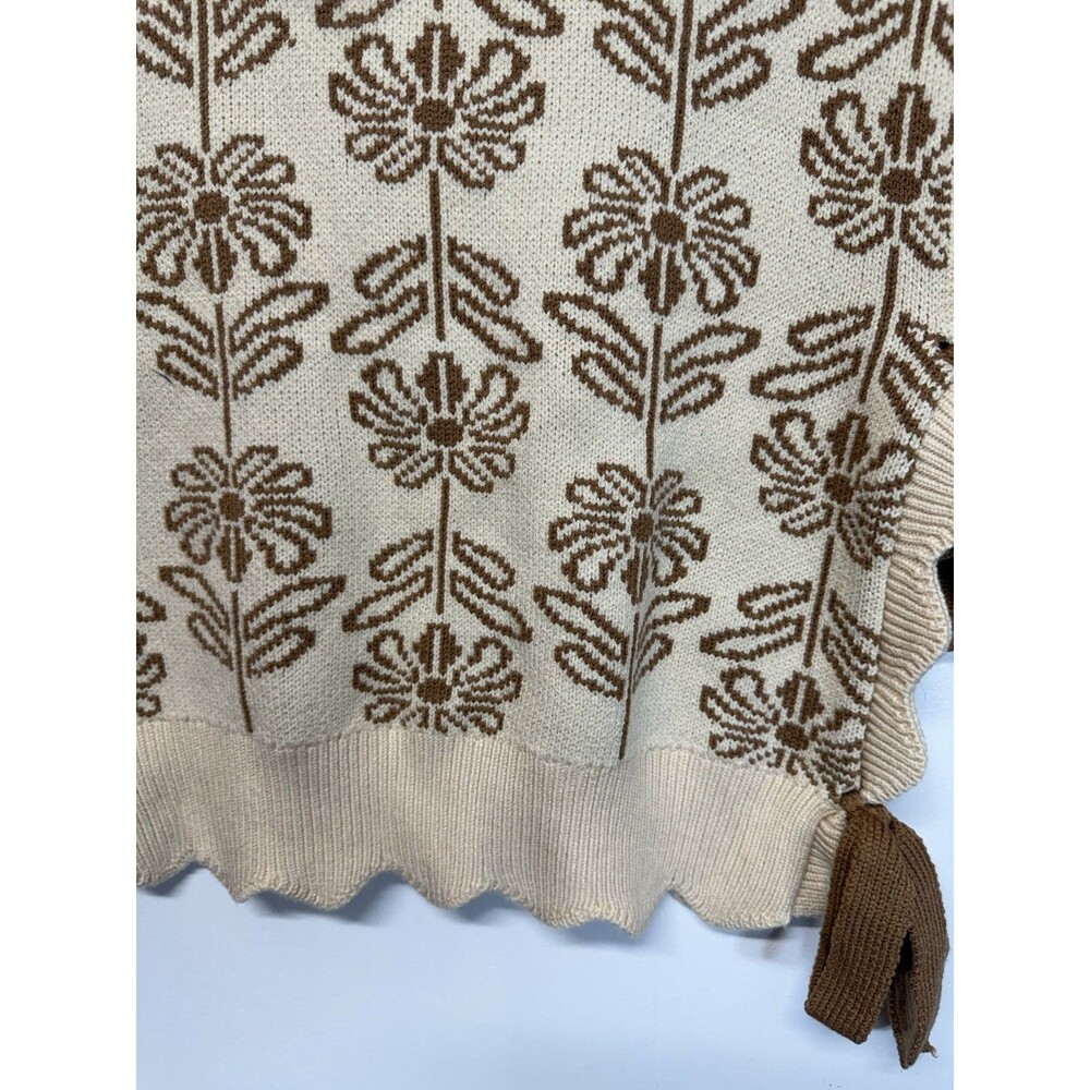 &merci Floral Jacquard Sweater Vest Cream Brown Side Tie Bow Scallop Sz M NWT - Picture 10 of 14